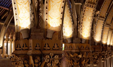 Detail of the capitals and painted decoration on the central court roof, constructed by Francis Skidmore of Coventry